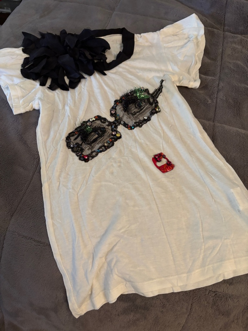 Vintage Lanvin White Tee with Black Appliqué Sunglasses and Red Sequin Lip